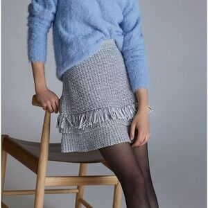 Maeve Anthropologie Grey Knit Fringe Tiered Mini Skirt XS Cotton Blend Marled